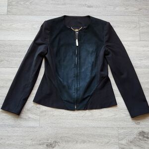 DKNY Black Faux Suede Jacket Womens 8 Peplum Gold Zipper Coat
